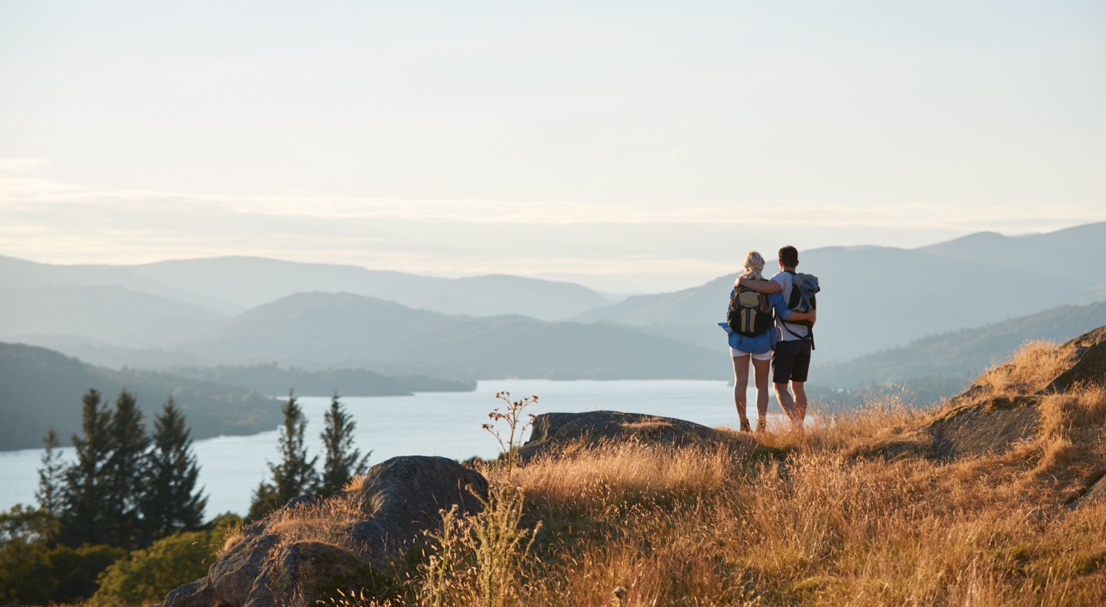 A couple hiking in the Lake District.