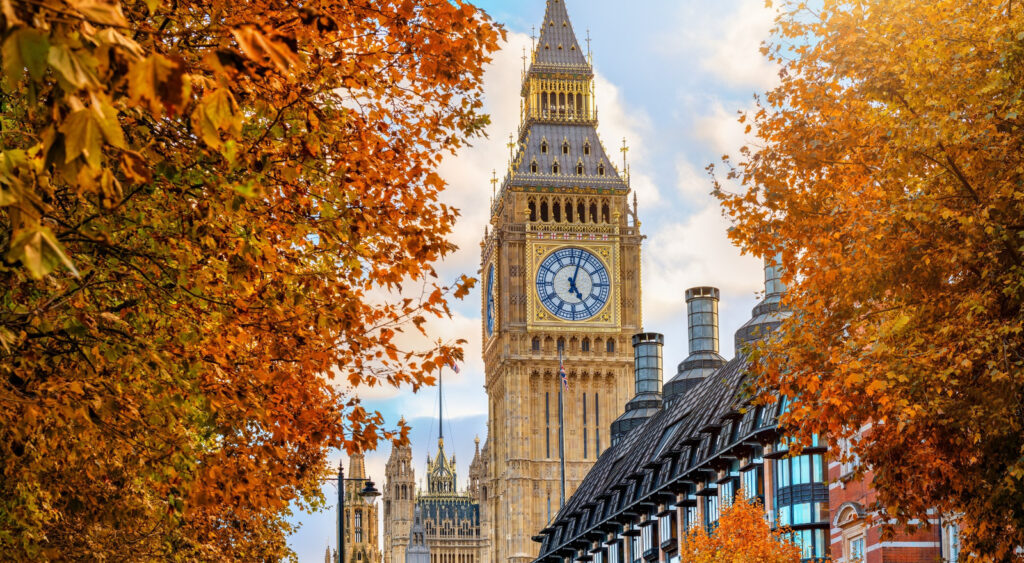 Elizabeth Tower, London, in autumn.