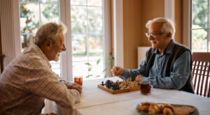 Two men playing chess at home.